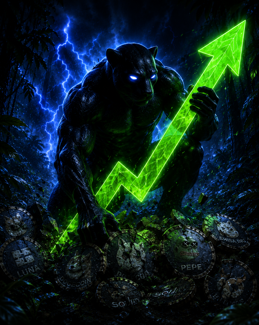 Panther in a night jungle raising a glowing green upward chart arrow