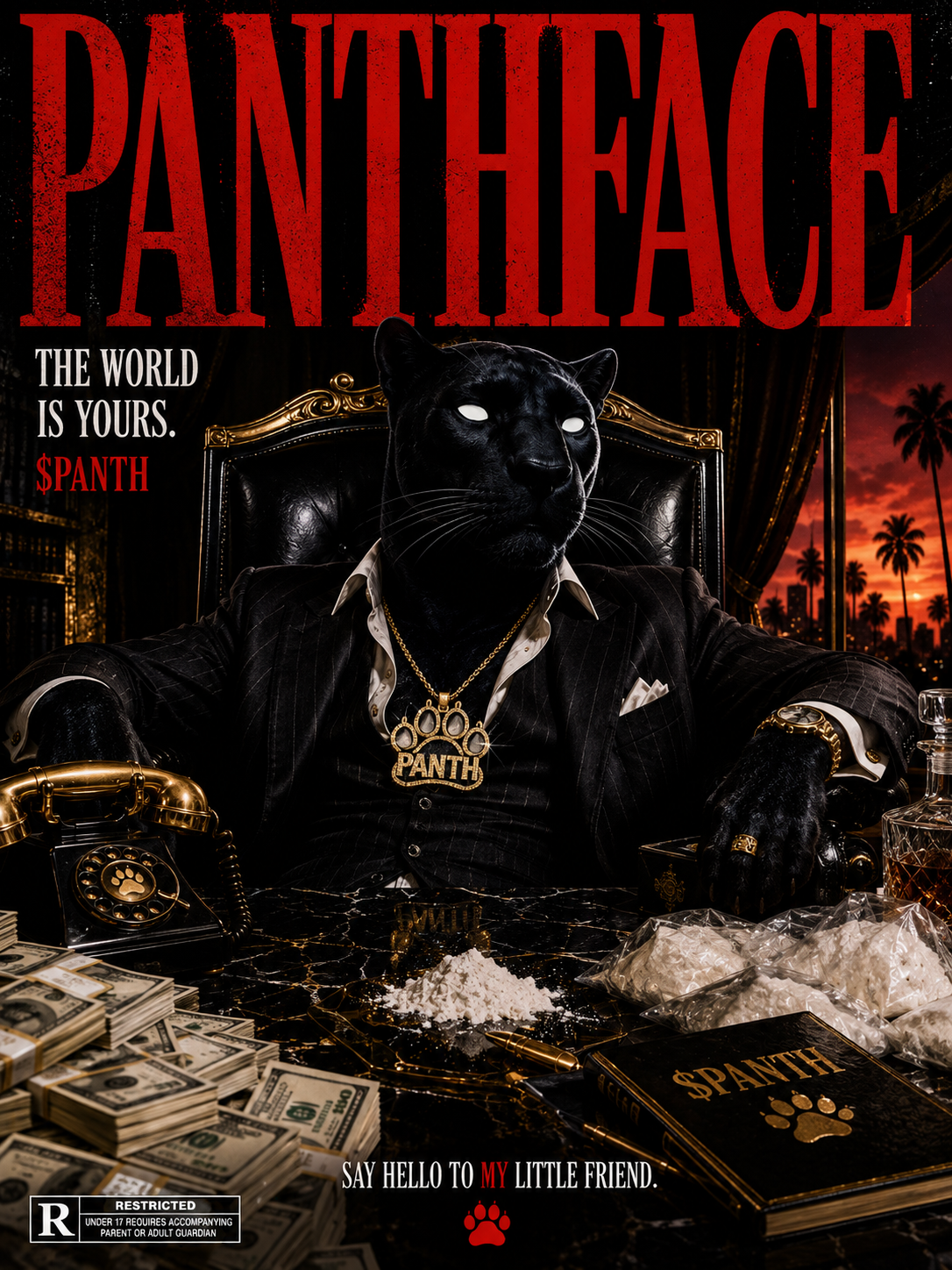 PANTHFACE poster artwork of a panther seated at a desk in a pinstripe suit