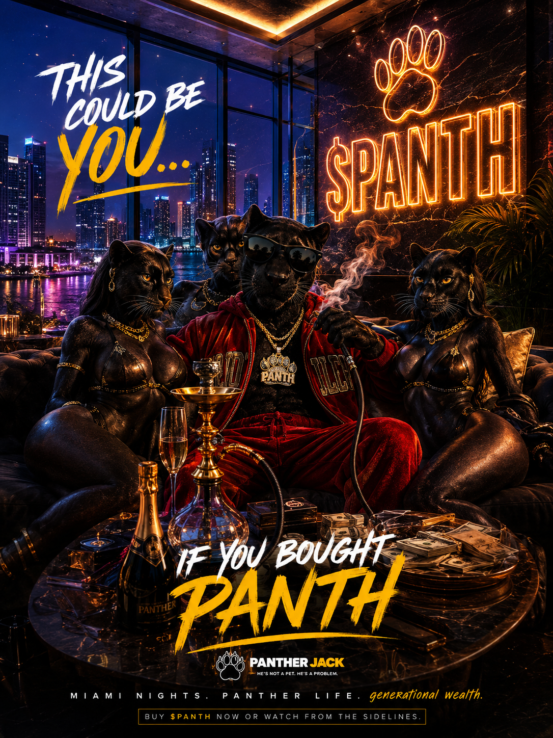 $PANTH neon lounge poster artwork with panthers overlooking a city skyline