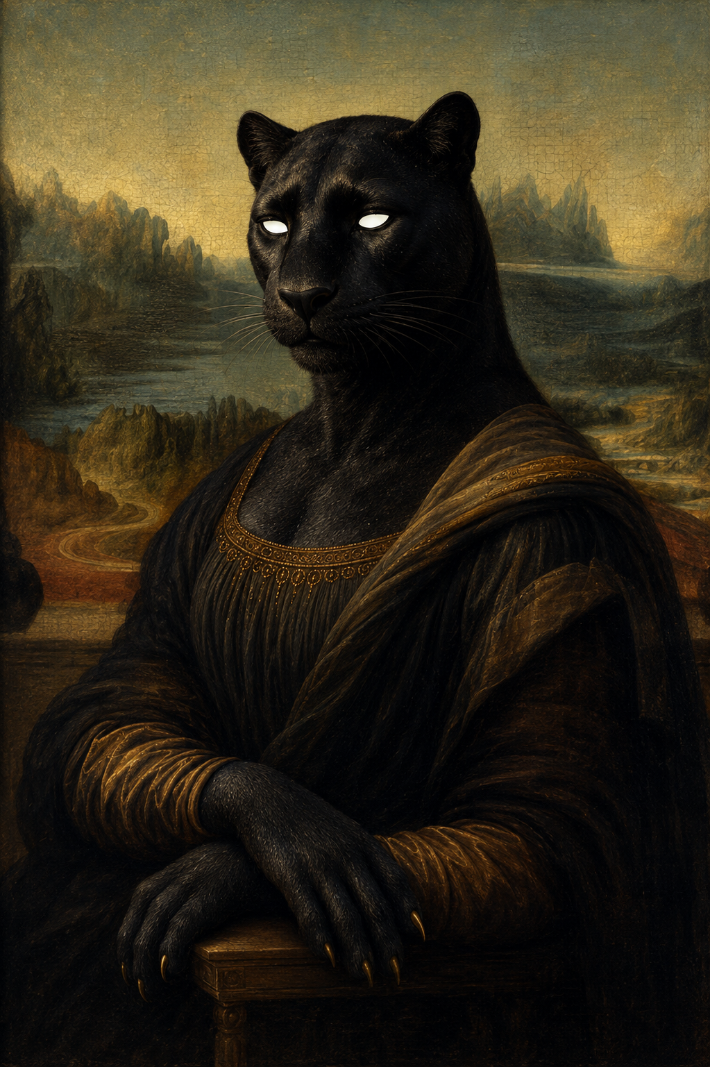 Classical oil-painting style portrait of a panther