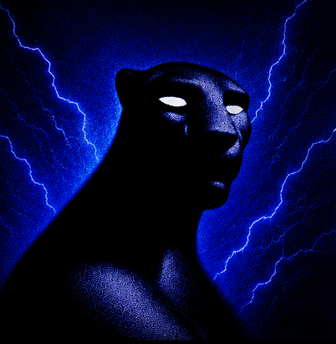 Panther portrait with glowing eyes framed by blue lightning